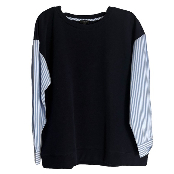 TALBOTS Pullover Sweatshirt with Striped Sleeves in Navy/White Size Petite Large - Picture 1 of 5